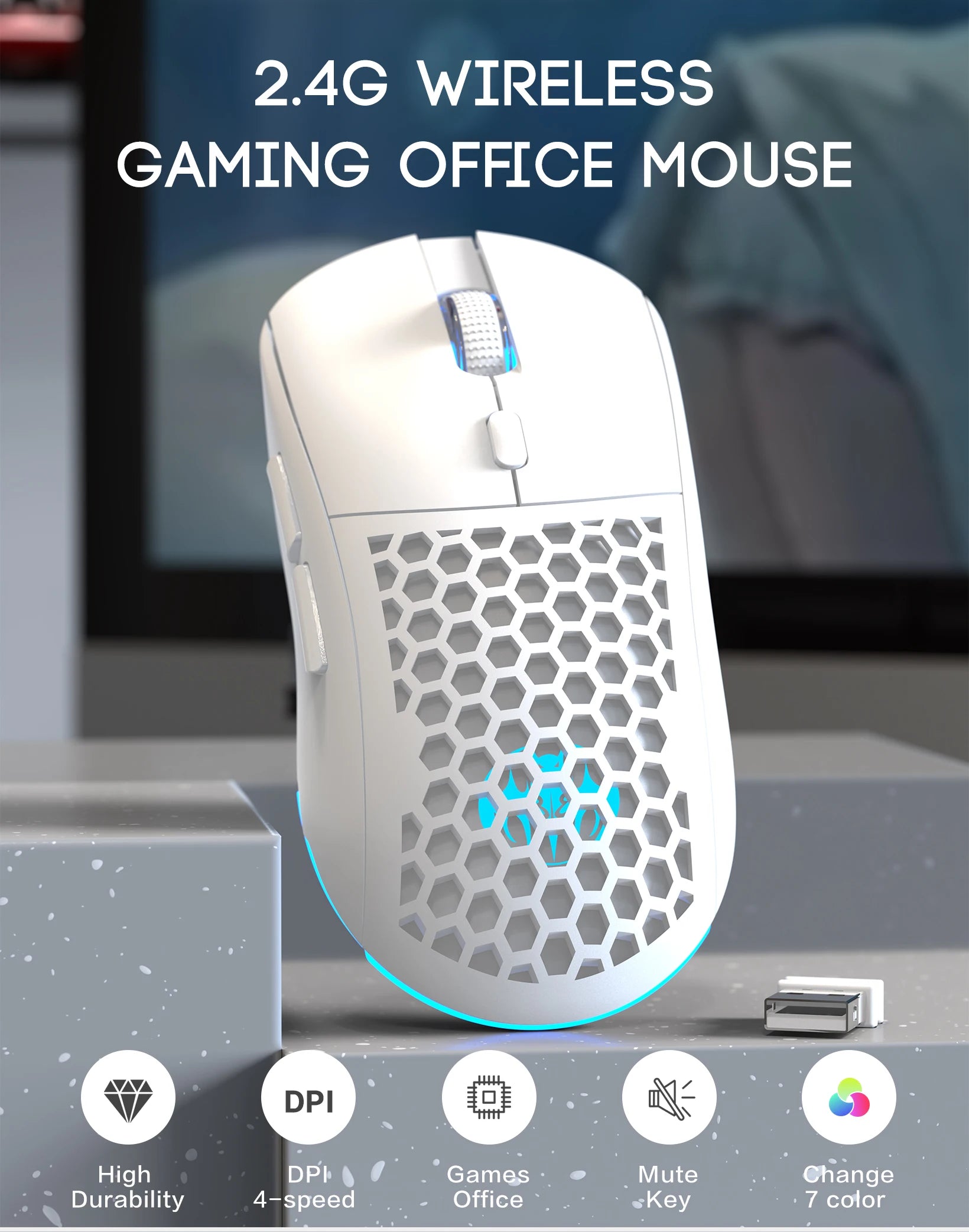 Wireless RGB Adjustable Lighting USB Honeycomb Design Rechargeable Mouse for Home Gaming Office Use - Plug And Play